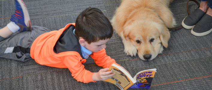 A boy is laying on the floor reading a book to a dog