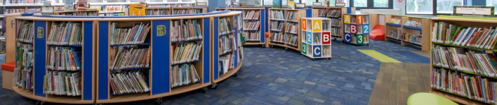 A photo of shelves of books in the children's library